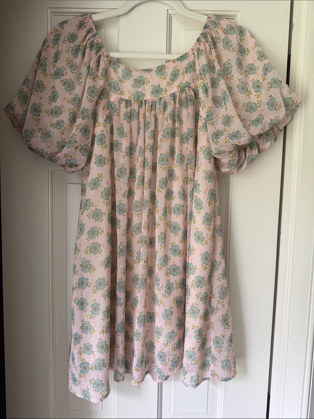 Zara Pink Floral Puff-Sleeve Dress with Blue Flowers